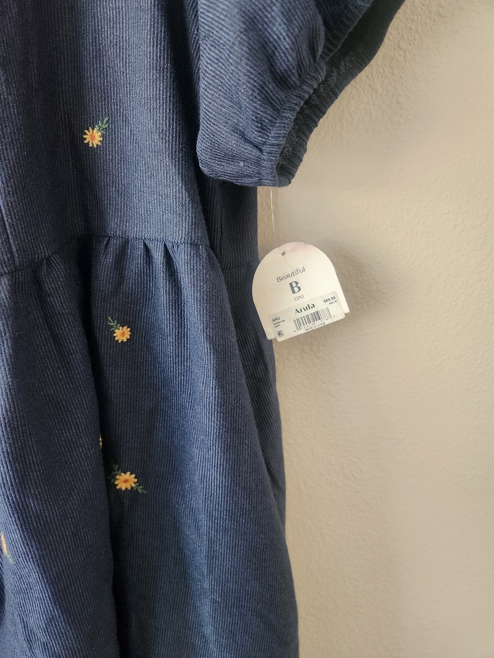 ARULA Navy Puff-Sleeve Button-Front Mini Dress with Embroidered Yellow Flowers - Picture 5 of 5